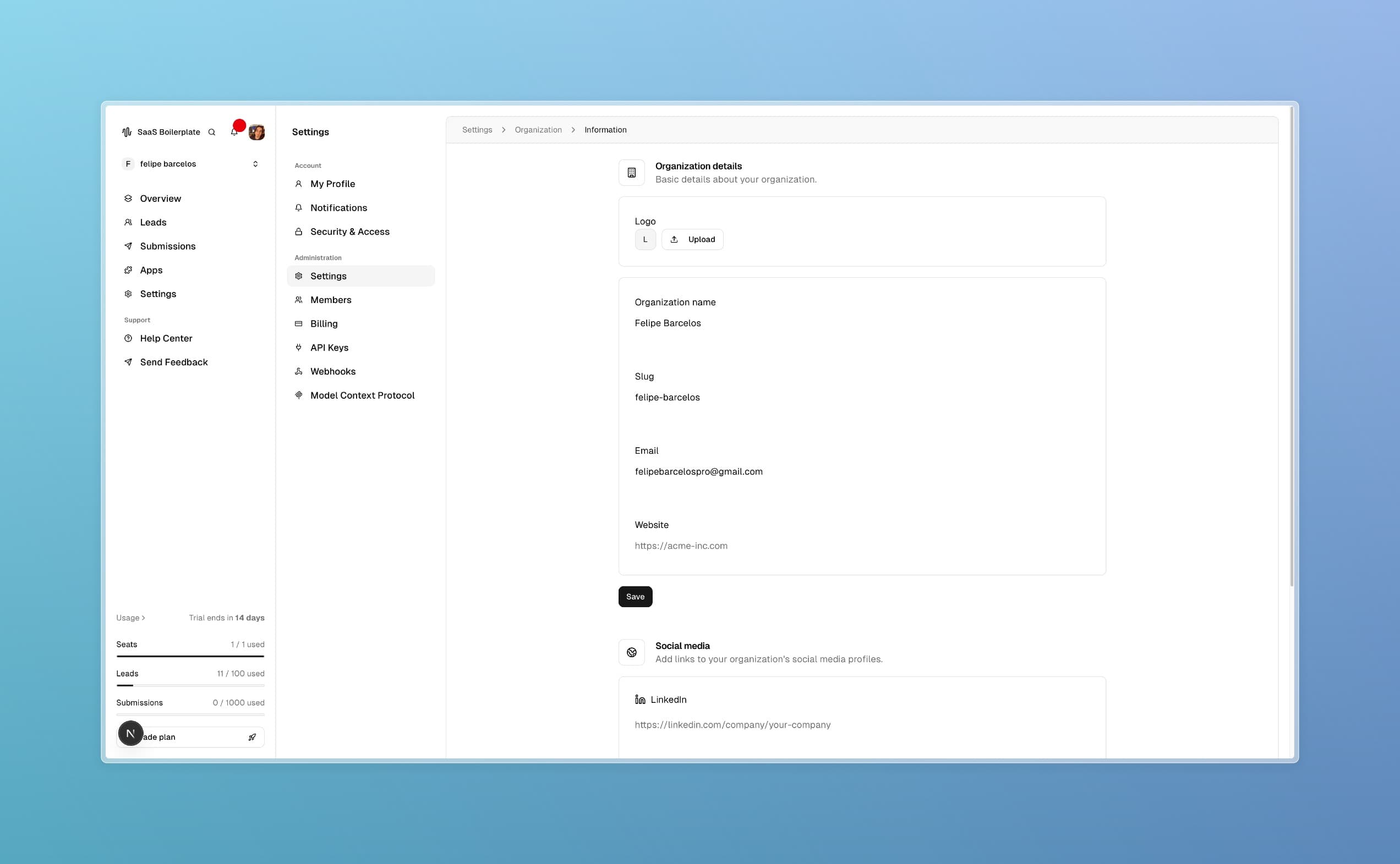 Organization information page showing branding and customization options.