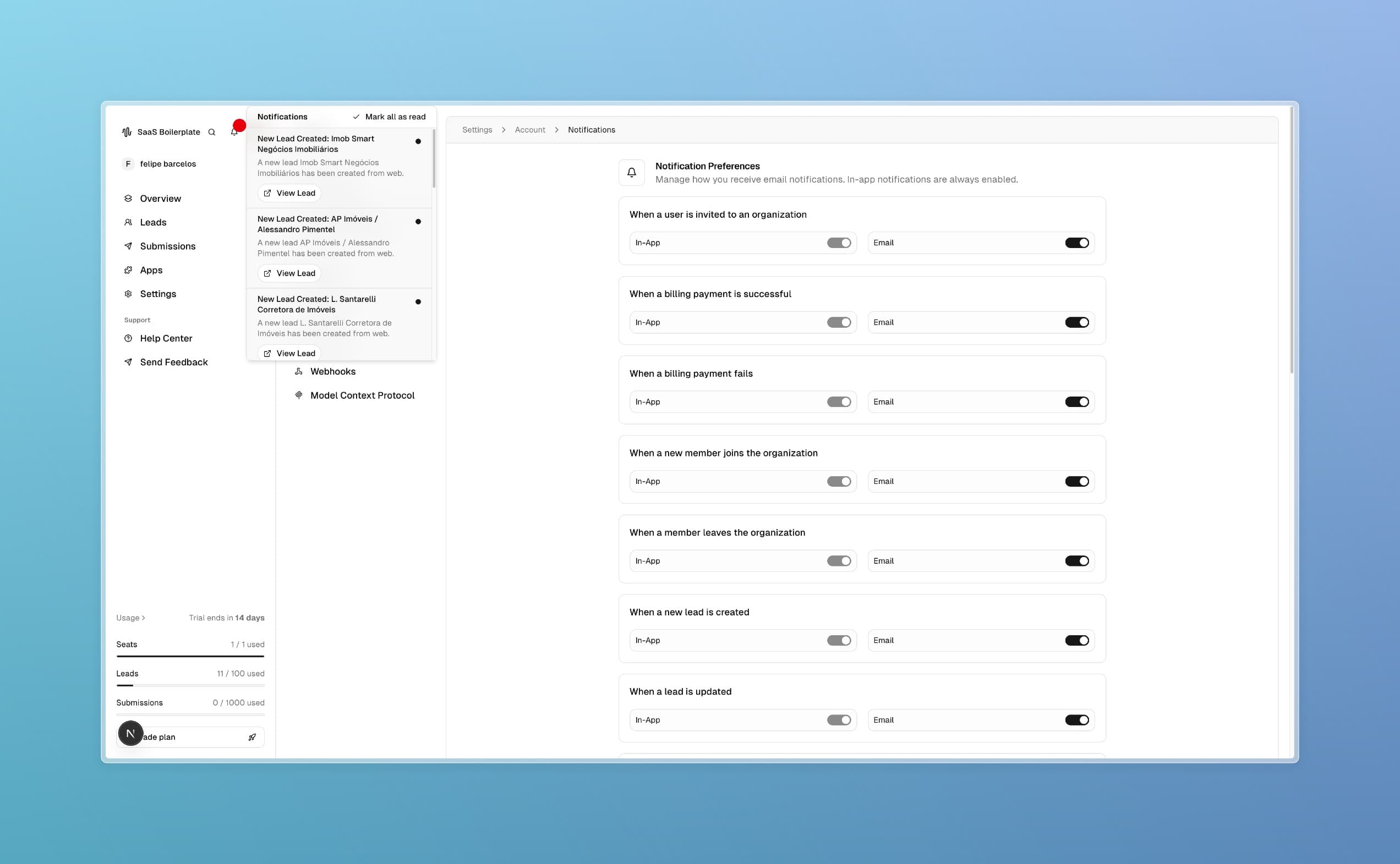 Notifications page showing notification preferences for transactional and marketing communications.